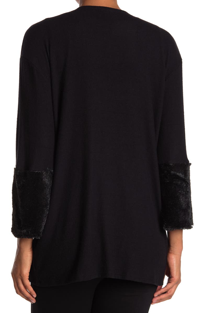 GO COUTURE Long Sleeve Double Stitch Faux Fur Cardigan, Alternate, color, Heather Grey Bttm Black