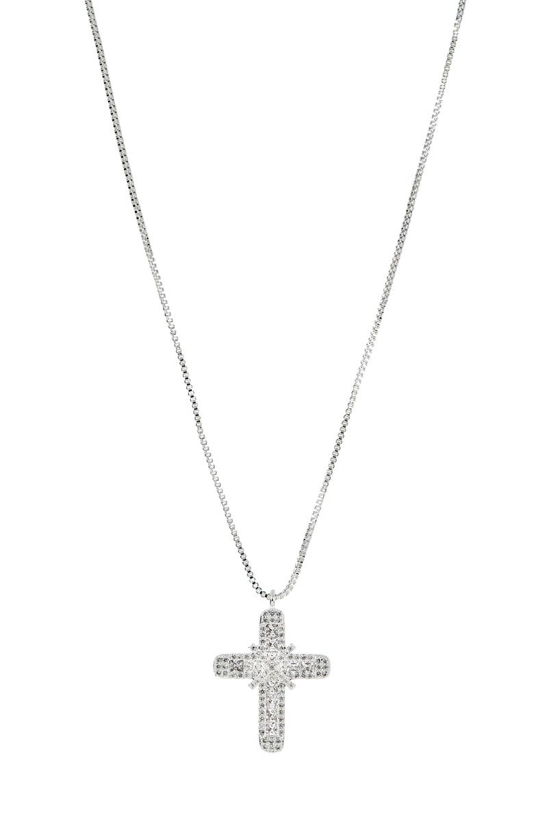 Danecraft Cross Pendant Necklace & Cubic Zirconia Stud Earrings Set, Alternate, color, Metallic Silver
