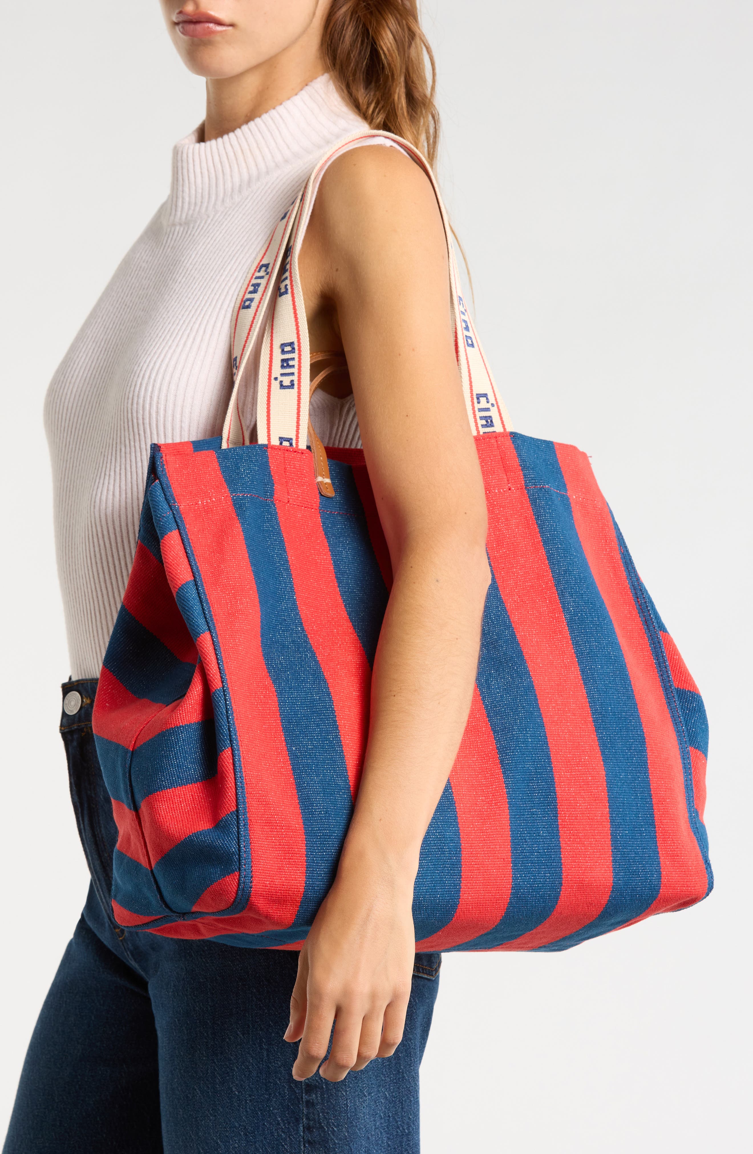 Clare V. La Côte Tote, Alternate, color, Poppy/ French Blue