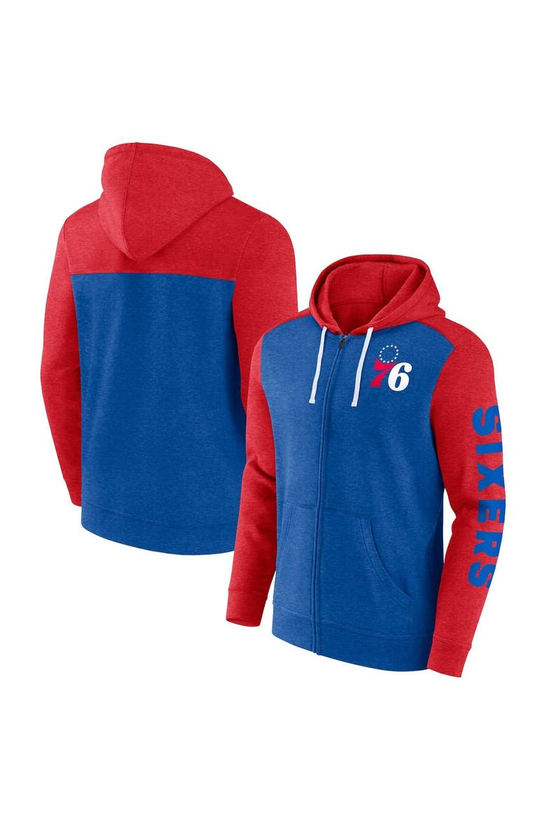 Men's Fanatics Branded Heather Royal/Heather Red Philadelphia 76ers Down and Distance Full-Zip Hoodie, Main, color, Heather Royal