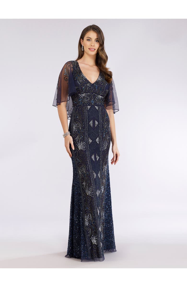 LARA New York Cape Sleeve Beaded Gown, Main, color, Navy