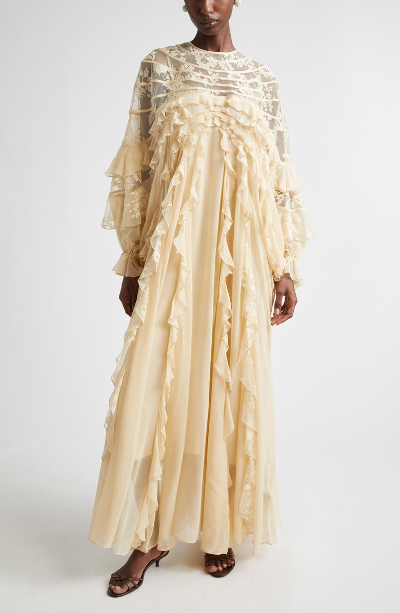 Zimmermann Rebellion Splice Long Sleeve Lace Ruffle Silk Maxi Dress, Main, color, Cream