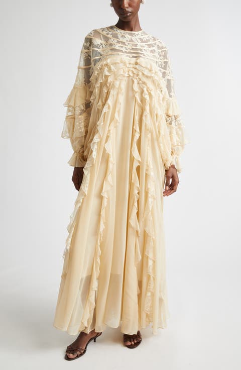Rebellion Splice Long Sleeve Lace Ruffle Silk Maxi Dress