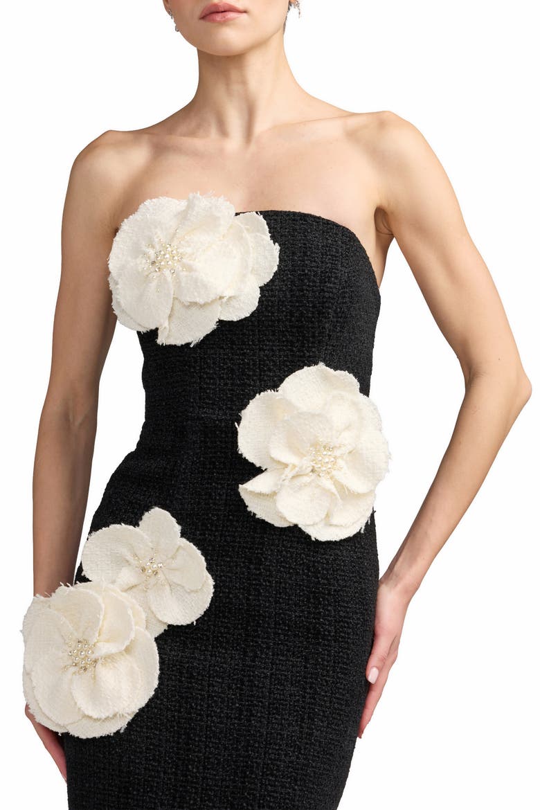 Strapless Boucle Fitted Midi Dress With 3D Flowers, Alternate, color, Black Multi