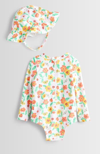 Long Sleeve One-Piece Rashguard Swimsuit & Sun Hat Set