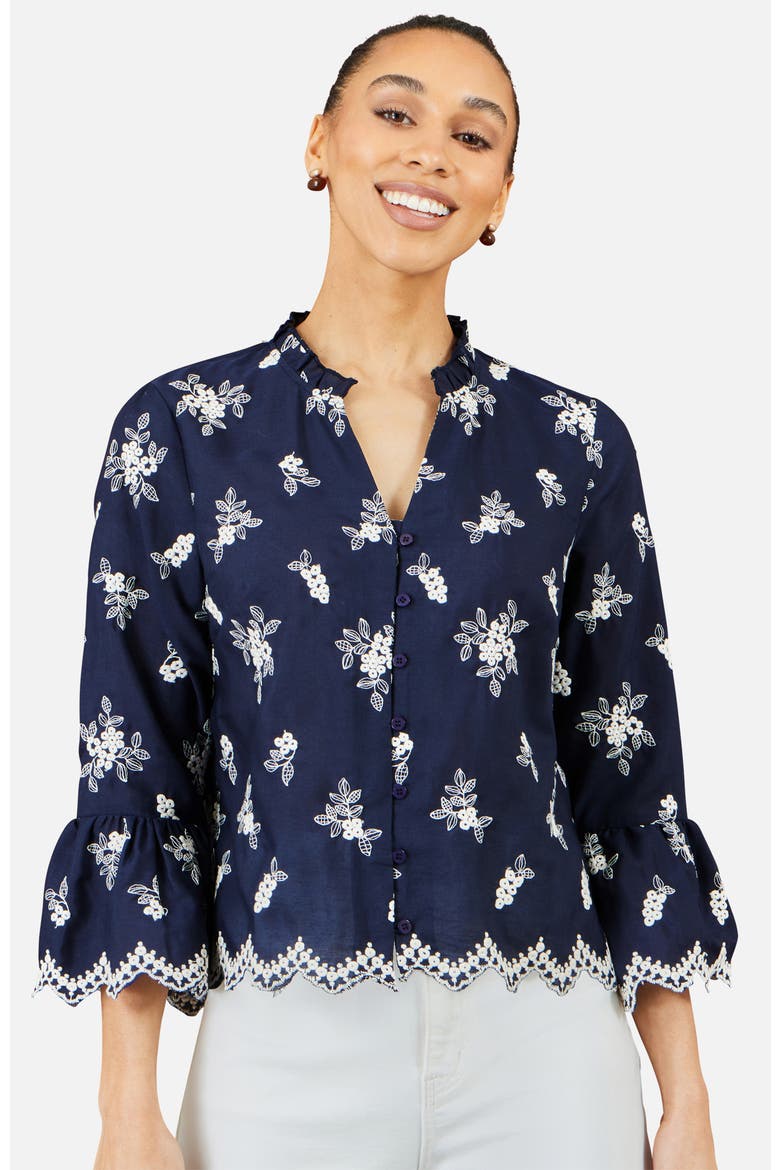 Fluted Sleeves V-Neck Shirt, Alternate, color, Navy