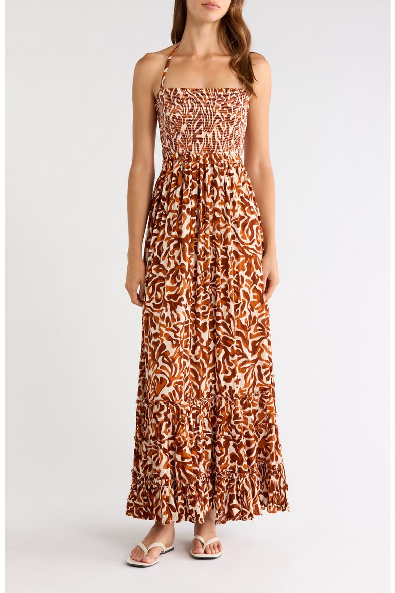Strappy Smocked Maxi Dress, Main, color, CAYENNE CORALI
