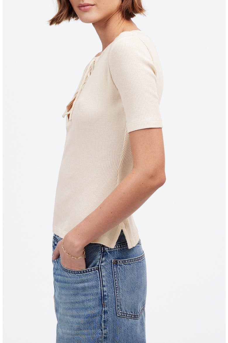 Rib Lace-Up Short-Sleeve T-Shirt, Alternate, color, VINTAGE IVORY