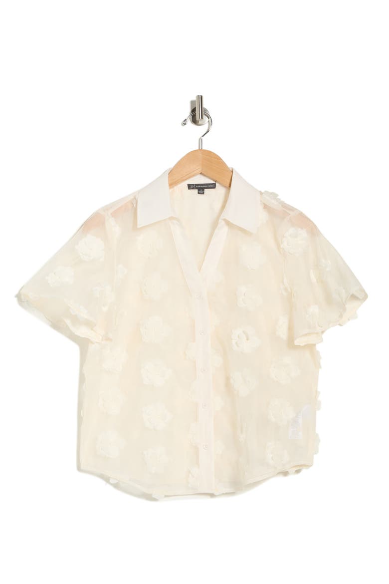 Floral Appliqué Short Sleeve Button-Up Top, Alternate, color, CREAM FROSTING