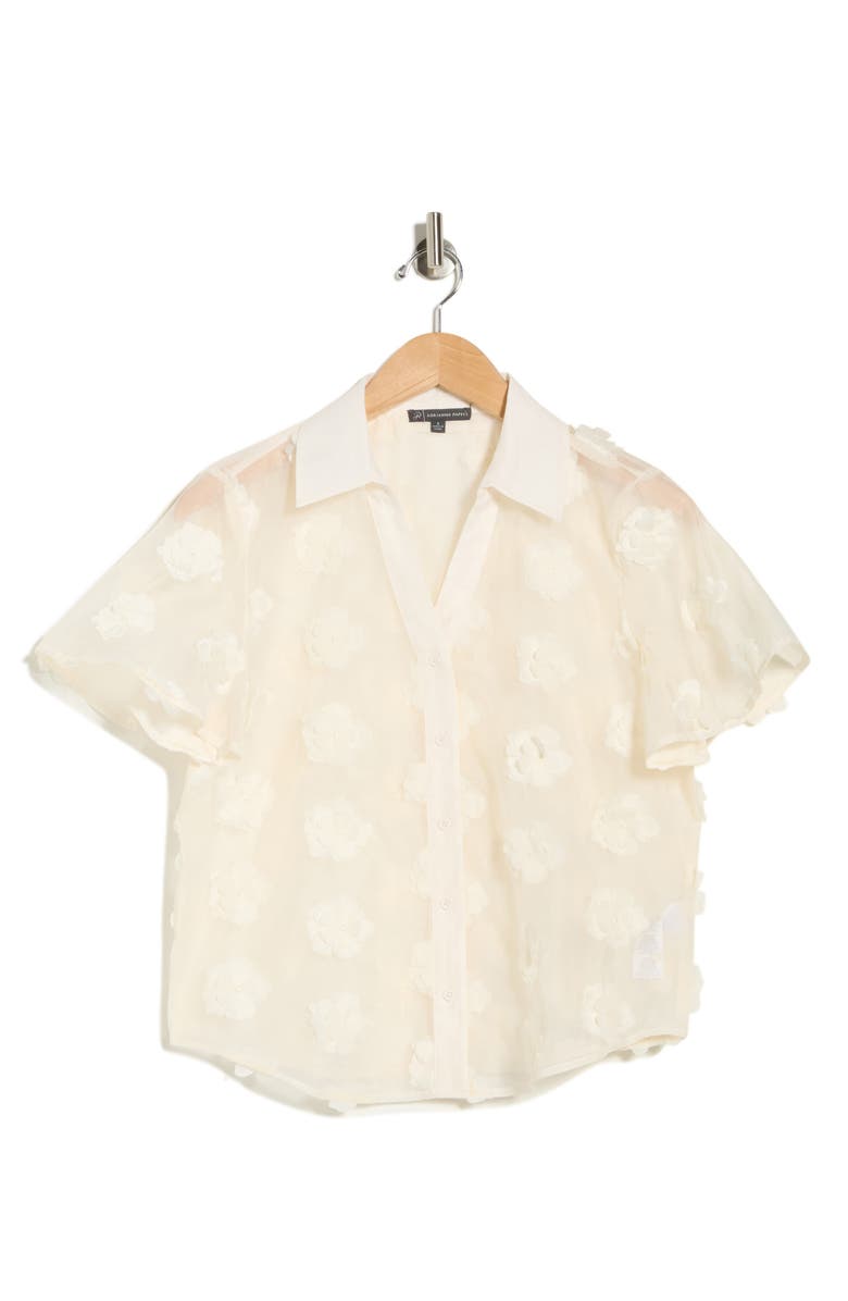 Adrianna Papell Floral Appliqué Short Sleeve Button-Up Top, Main, color, Cream Frosting