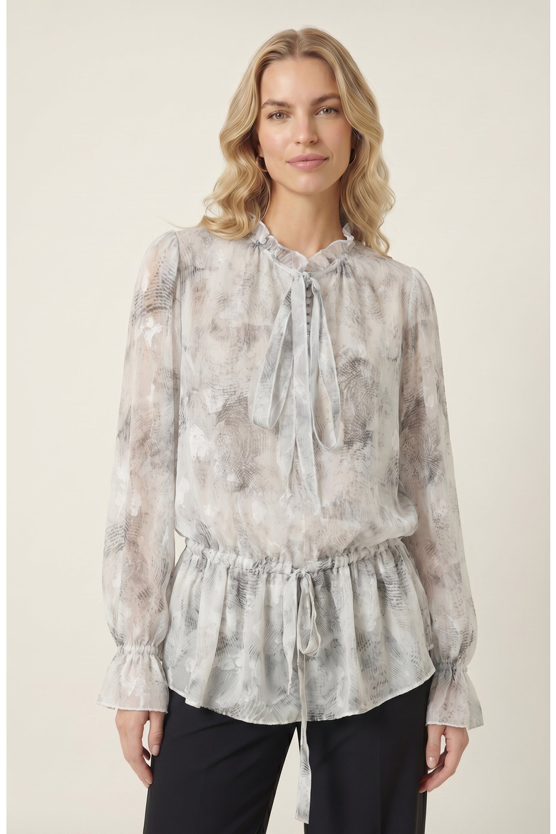Sheer Printed Ruffle Neck Blouse, Main, color, White