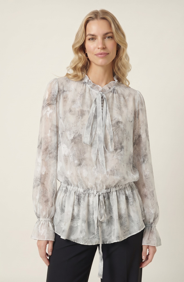 Modenaire Sheer Printed Ruffle Neck Blouse, Main, color, White