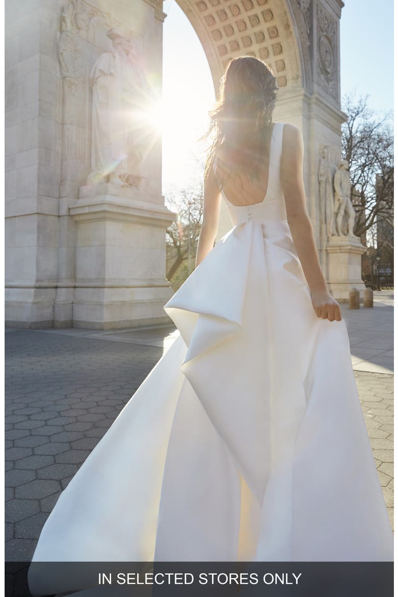 Mikado A-Line Wedding Dress with Removable Train, Main, color, SILK WHITE