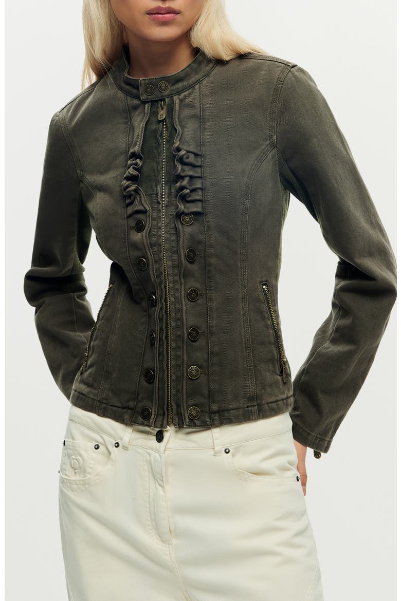 Ruffle Detail Denim Jacket, Main, color, LIGHT GREEN