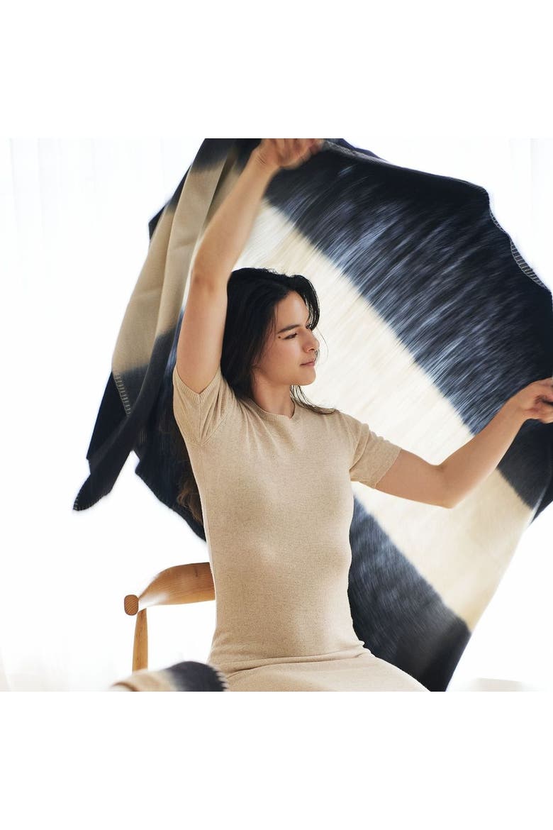 Ink Black White Ombre Textured Throw In Hand Spun Merino And Hand Stitched Hem, Alternate, color, Black
