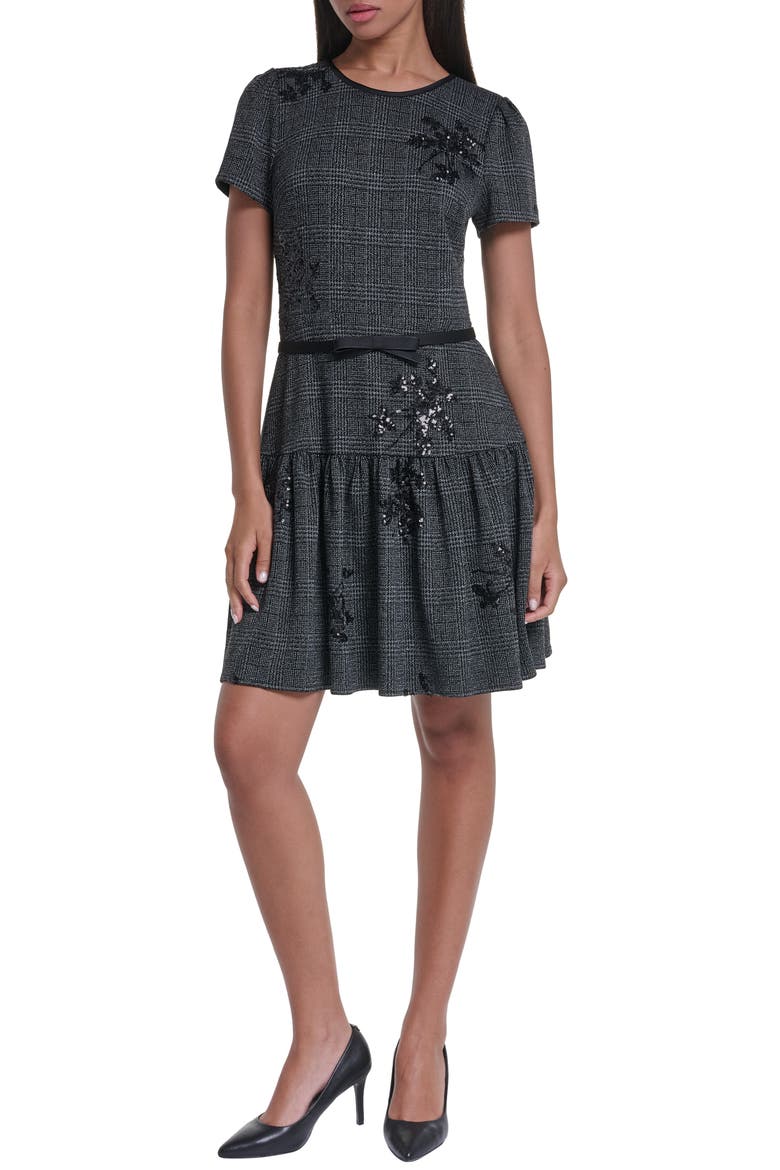 Plaid Sequin Ponte Minidress, Main, color, BLACK MULTI