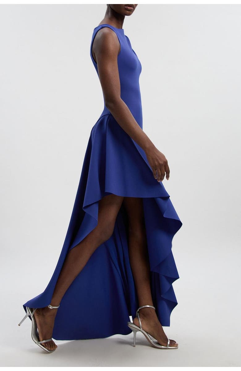 Karen Millen Scuba Drama Ruffle Hem Woven Maxi Dress, Alternate, color, Navy