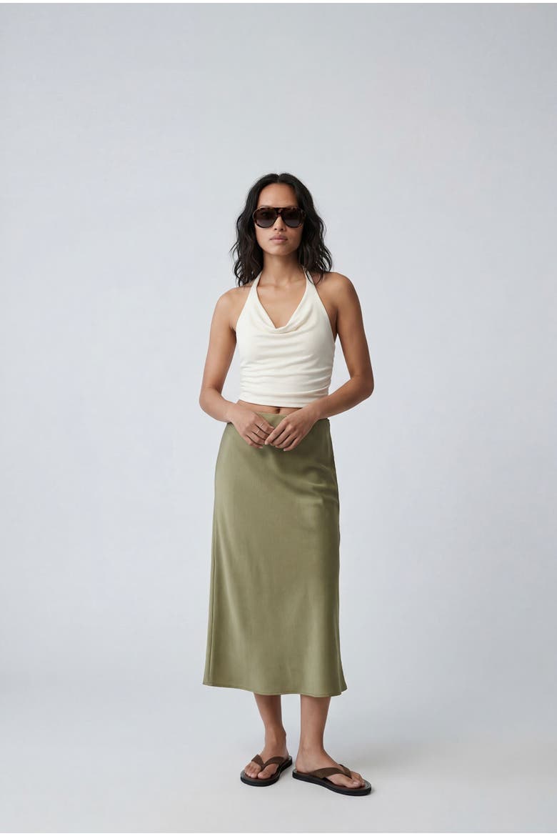 Elastic Waist Satin Midi Skirt, Alternate, color, SAGE