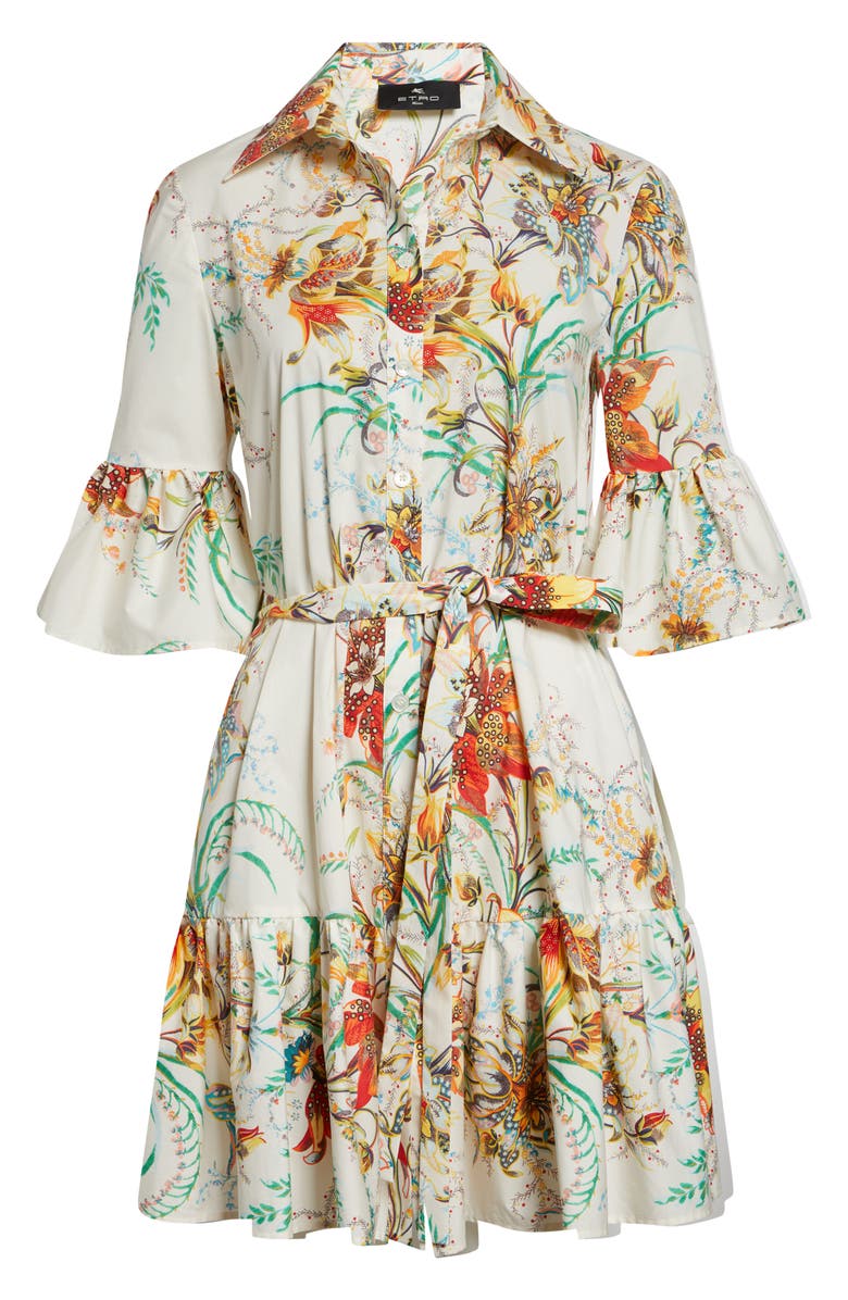 Etro Floral Print Stretch Cotton Shirtdress, Alternate, color, Print On White Base