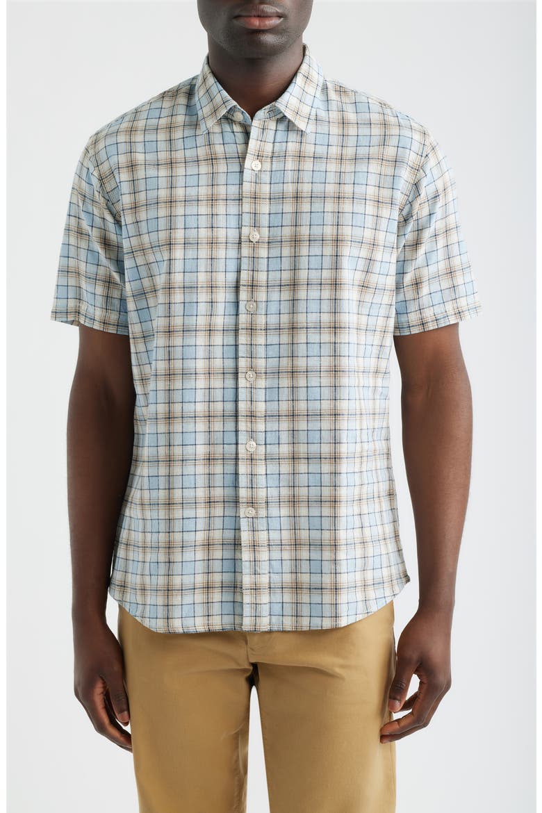Serra Regular Fit Plaid Short Sleeve Cotton & Linen Sport Shirt, Main, color, SKY