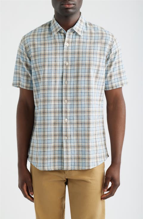 Serra Regular Fit Plaid Short Sleeve Cotton & Linen Sport Shirt