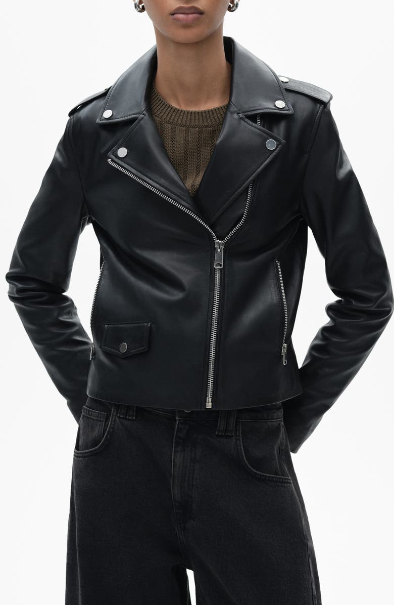 MANGO Leather Biker Jacket, Main, color, Black