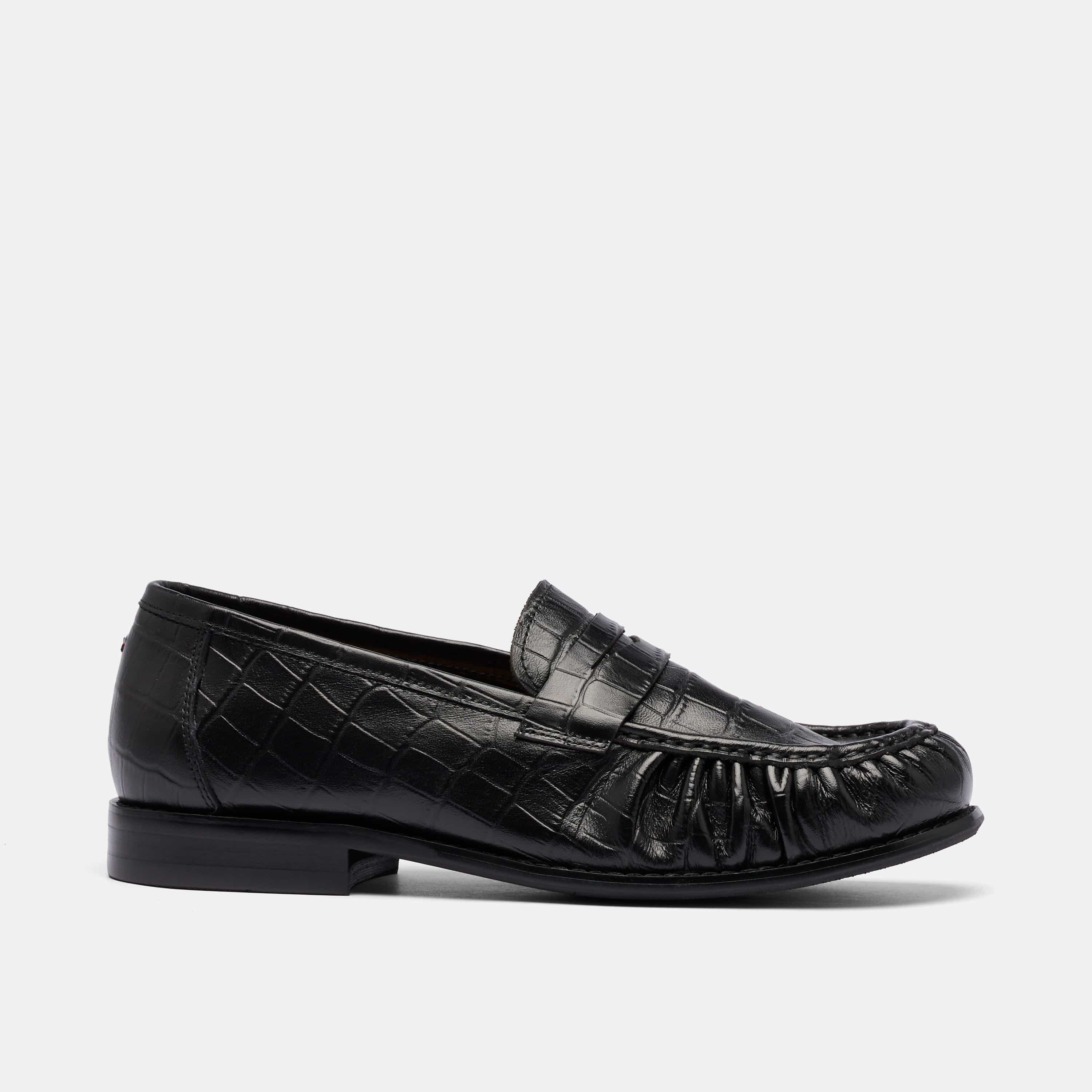 Kennedy Embossed Pleated Penny Loafer, Main, color, Black Croc