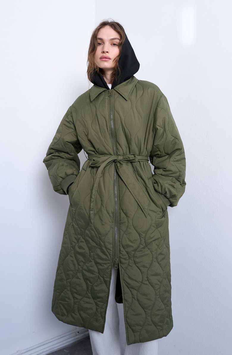 Topshop Belted Quilted Liner Jacket, Alternate, color, Medium Green