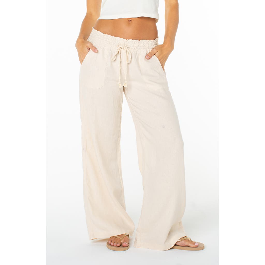 Roxy Oceanside Wide Leg Linen Blend Drawstring Pants In Sand