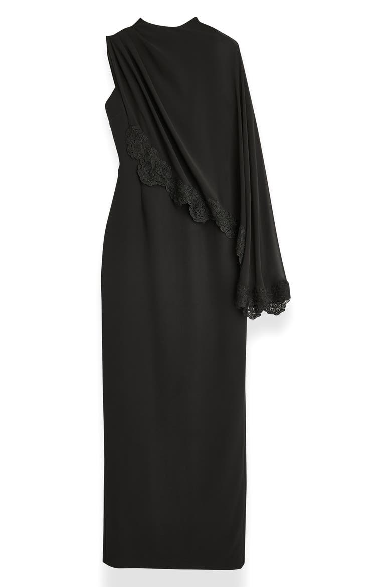 Lace Trim Chiffon Capelet Scuba Knit Cocktail Dress, Alternate, color, BLACK