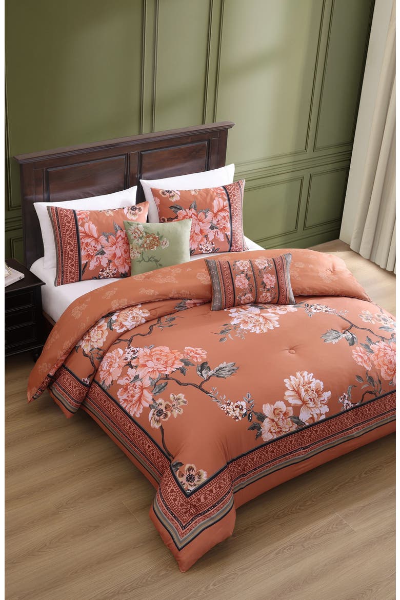 Rossana Floral Cotton Sateen 5-Piece Comforter Set, Alternate, color, ORANGE