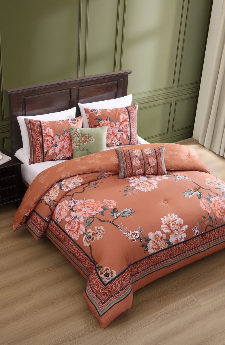 Bebejan Rossana Floral Cotton Sateen 5-Piece Comforter Set, Alternate, color, Orange