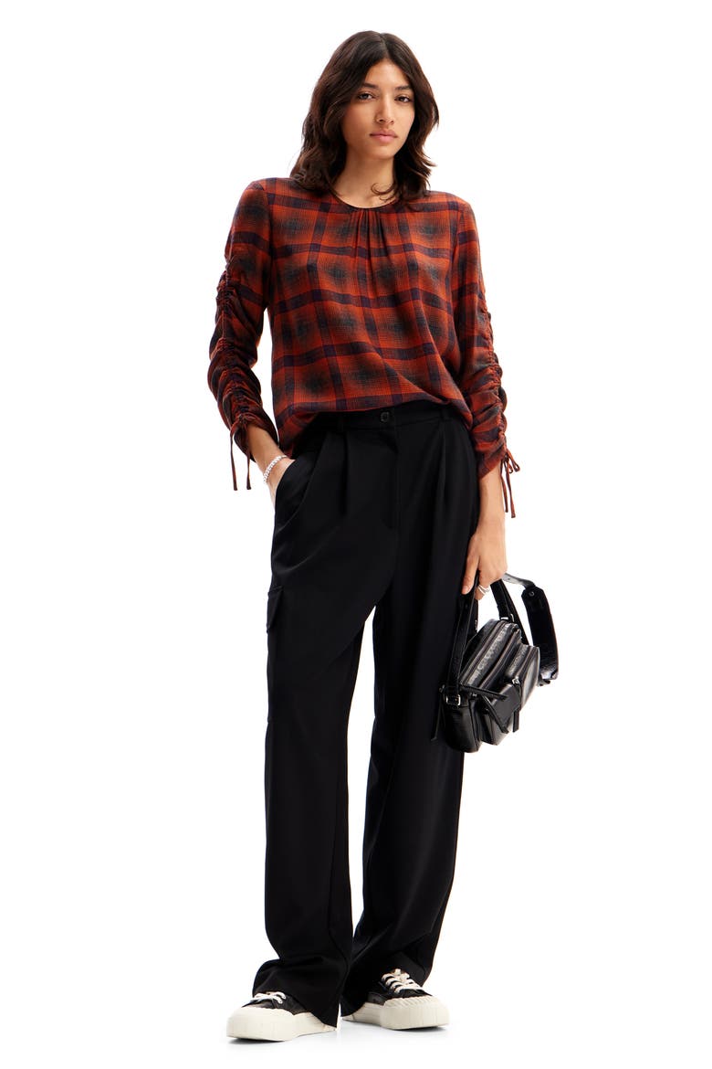 Adjustable Sleeve Plaid Blouse, Alternate, color, RED