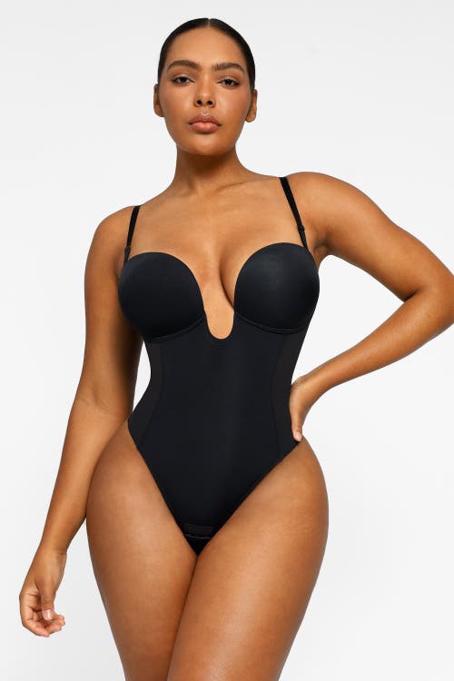Shapellx Airslim Deep Plunge Low-back Thong Bodysuit In Black