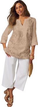 Jessica London Linen V Neck Embroidered Tunic