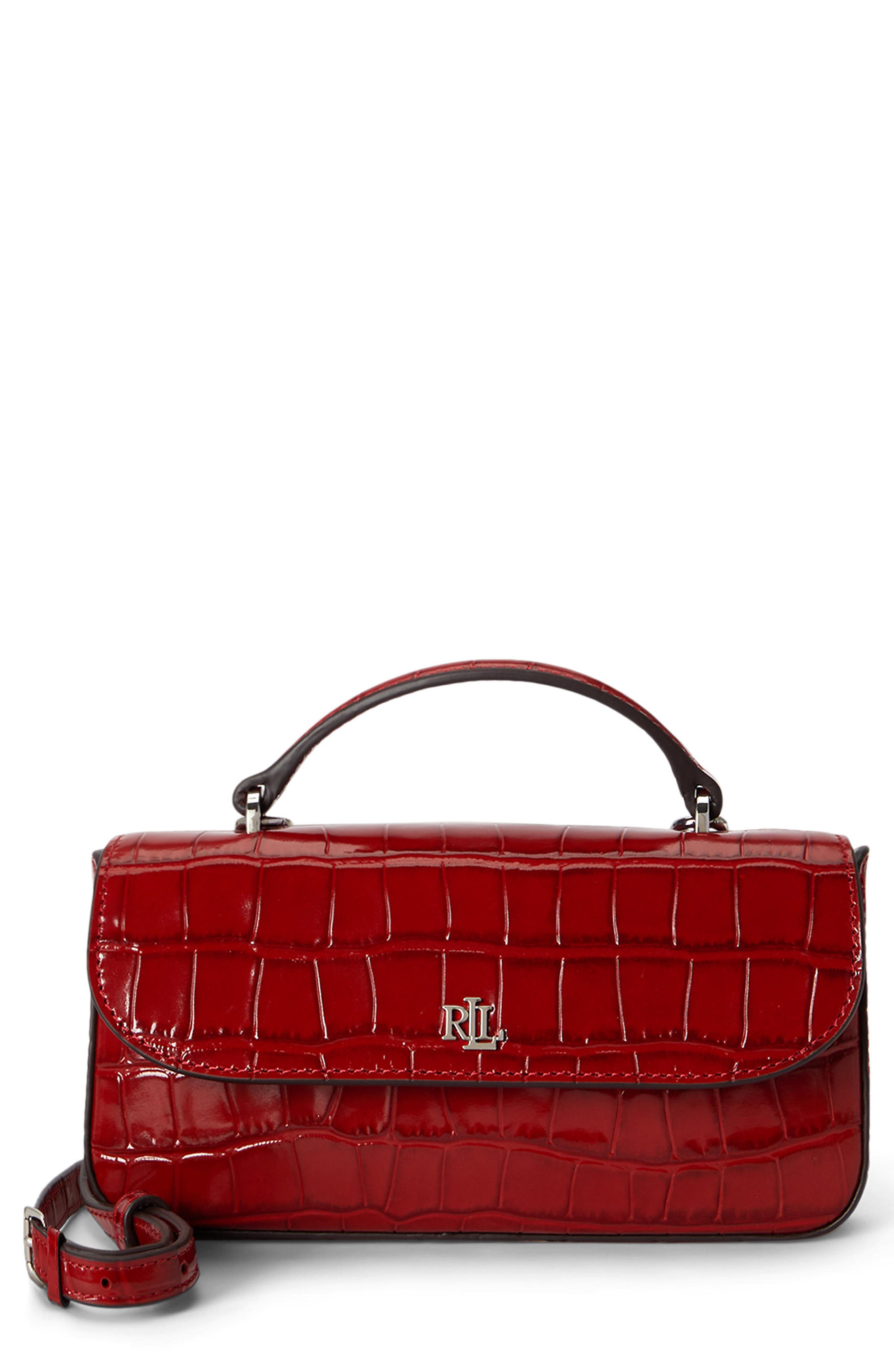 Marcy Croc Embossed Leather Top Handle Bag, Main, color, RED
