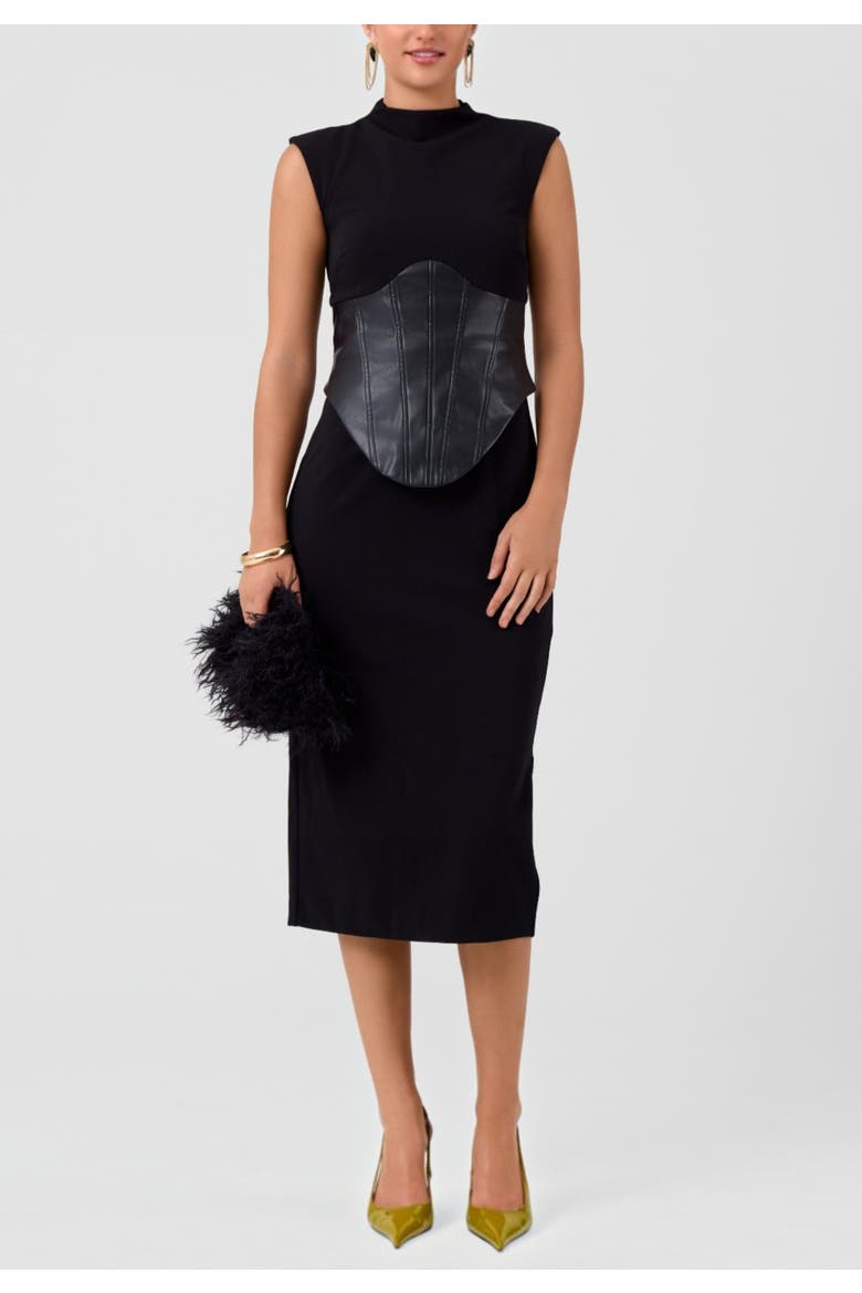 Donatella Faux Leather Corset Midi Dress, Main, color, Black