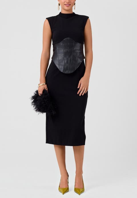 Donatella Faux Leather Corset Midi Dress