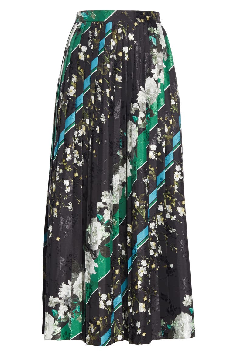 Floral Stripe Pleated Midi Skirt, Alternate, color, BLACK / WHITE