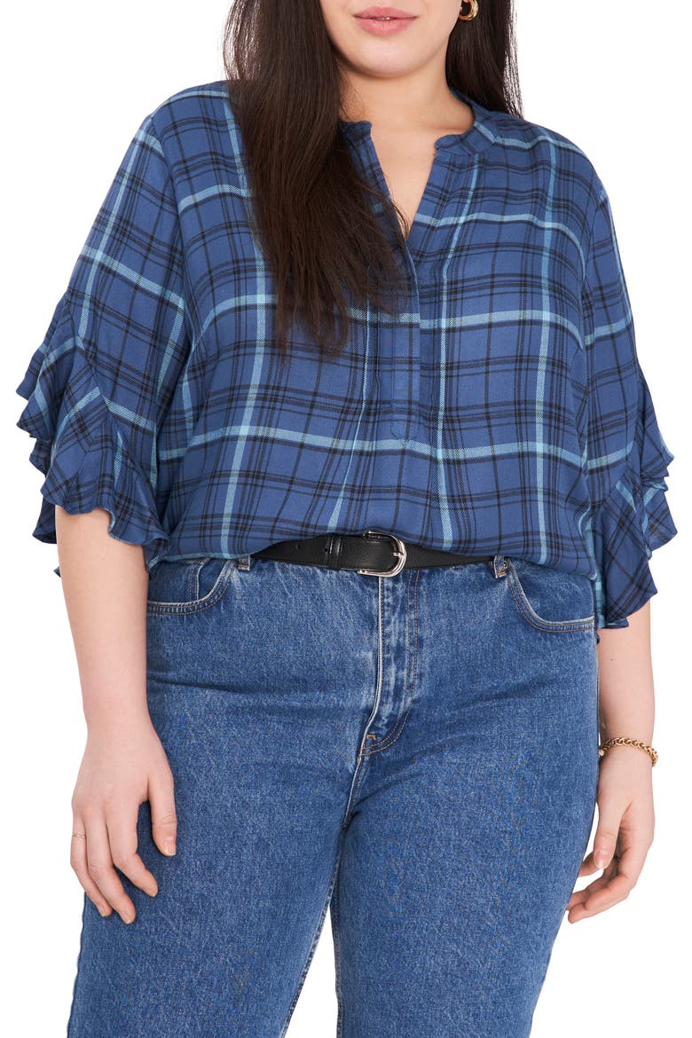 Plaid Ruffle Sleeve Top, Main, color, BLUEBERRY