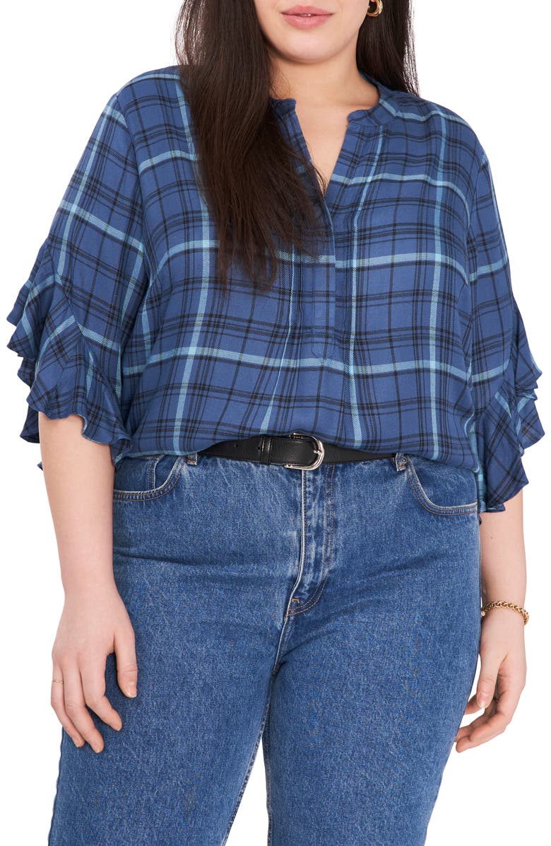 Vince Camuto Plaid Ruffle Sleeve Top, Main, color, 