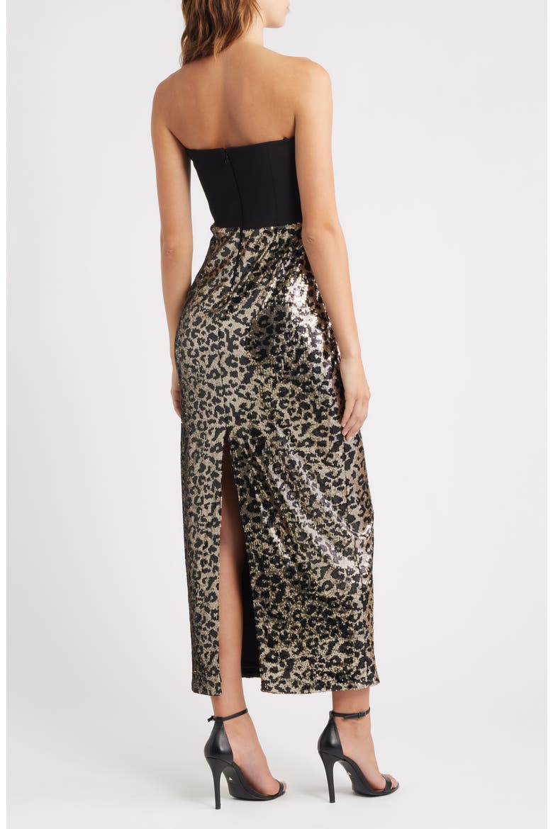 Mixed Media Strapless Leopard Sequin Gown, Alternate, color, BLACK GOLD