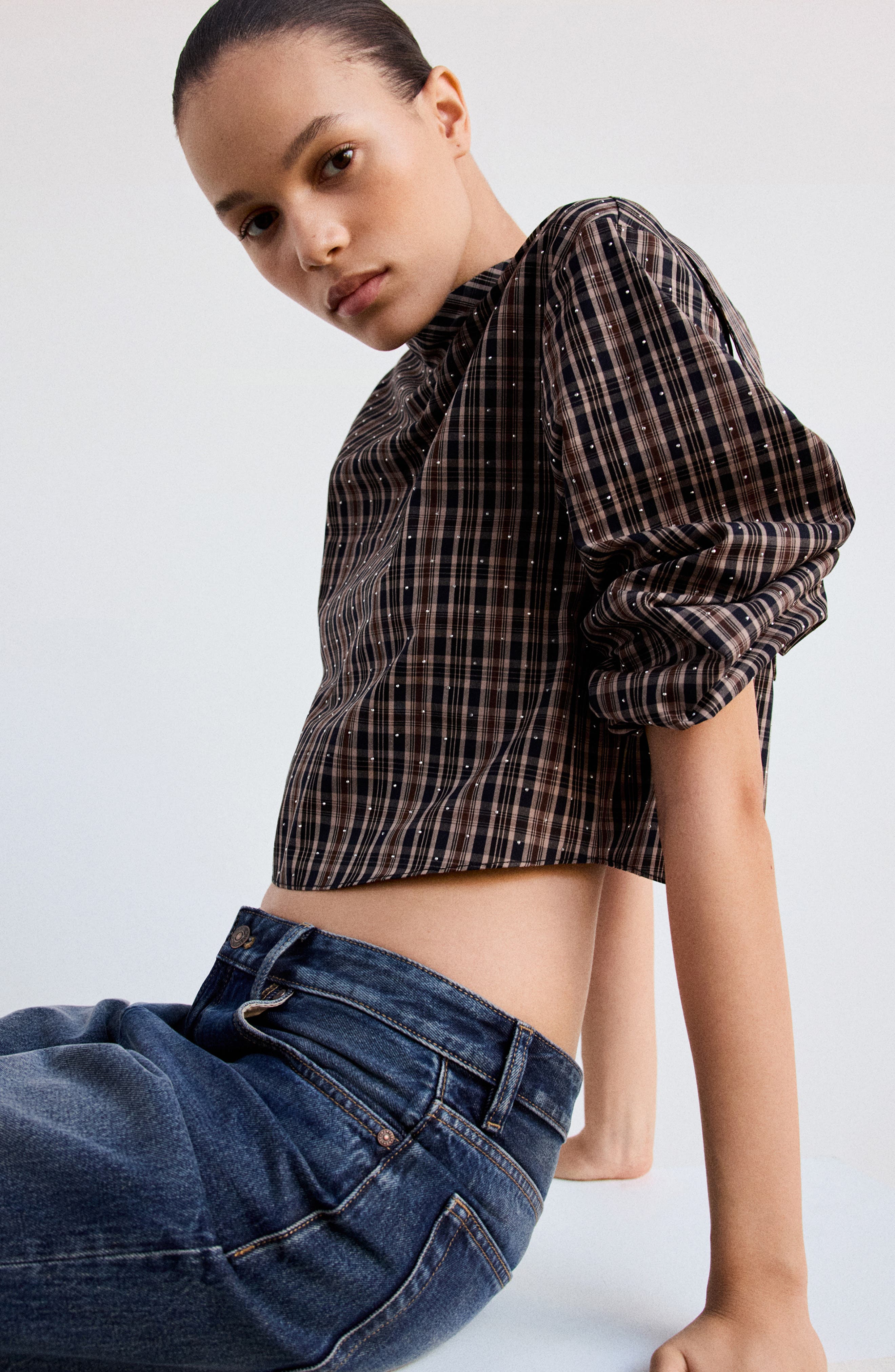 MANGO Rhinestone Plaid Top (Women) | Nordstrom