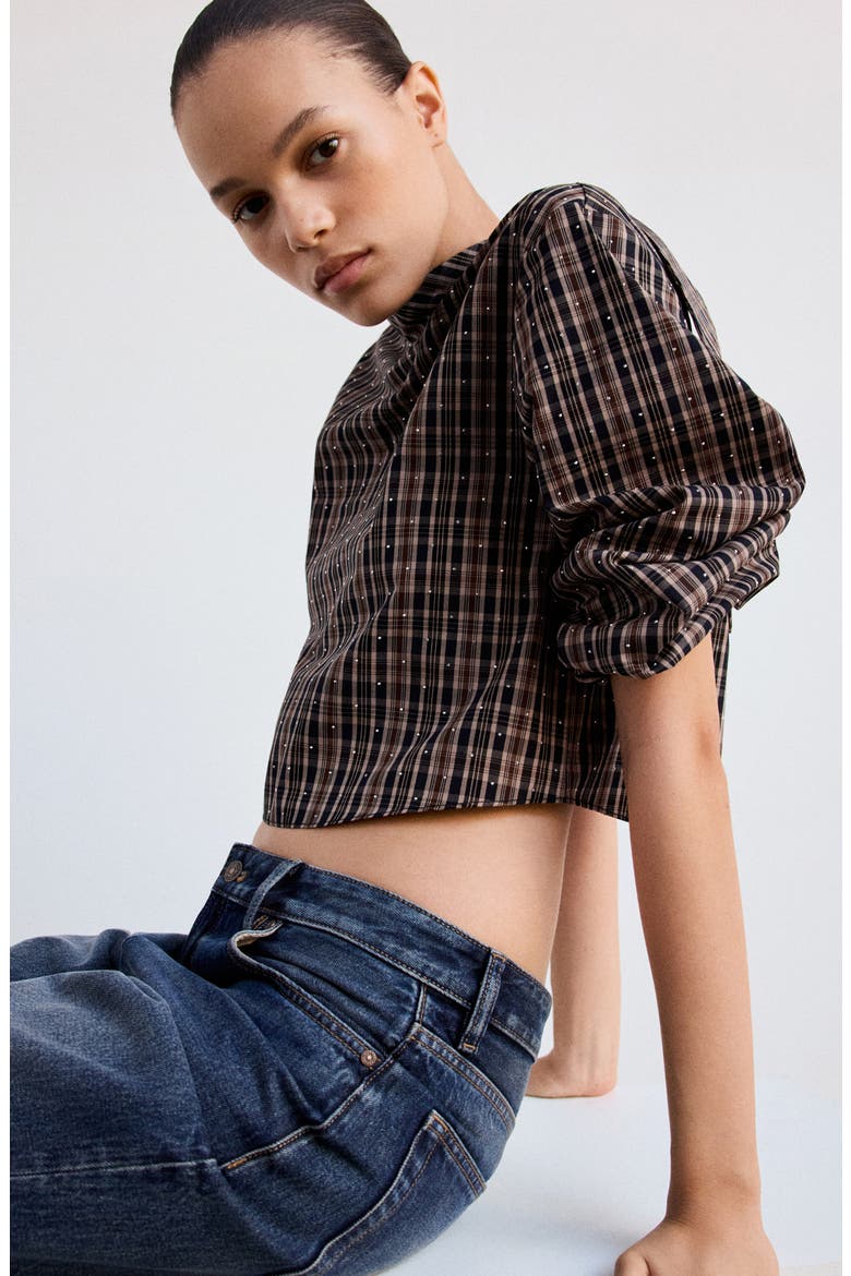 Rhinestone Plaid Top, Alternate, color, BROWN