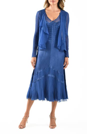 Komarov Sleeveless Charmeuse & Chiffon Cocktail Dress With Jacket In Blue