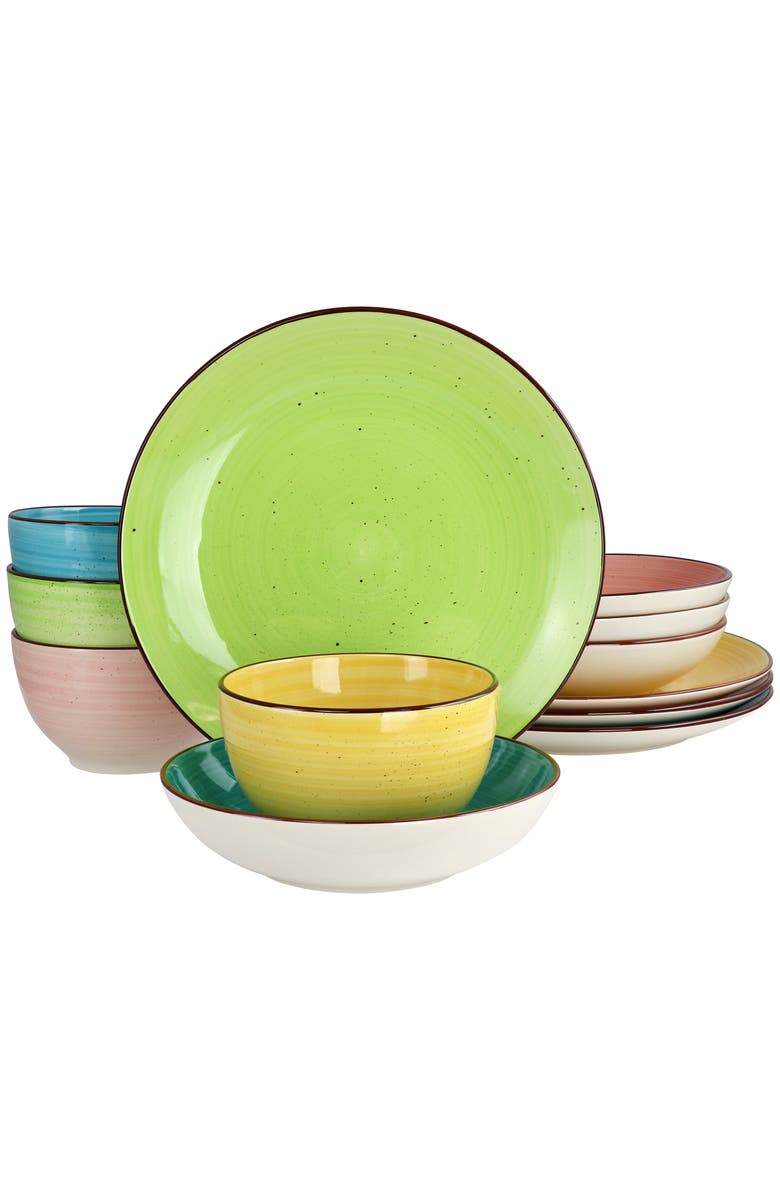 Elama Hudson 12 Piece Double Bowl Stoneware Dinnerware Set, Main, color, Pink