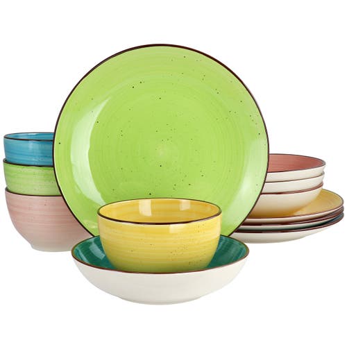 Elama Hudson 12 Piece Double Bowl Stoneware Dinnerware Set In Multi