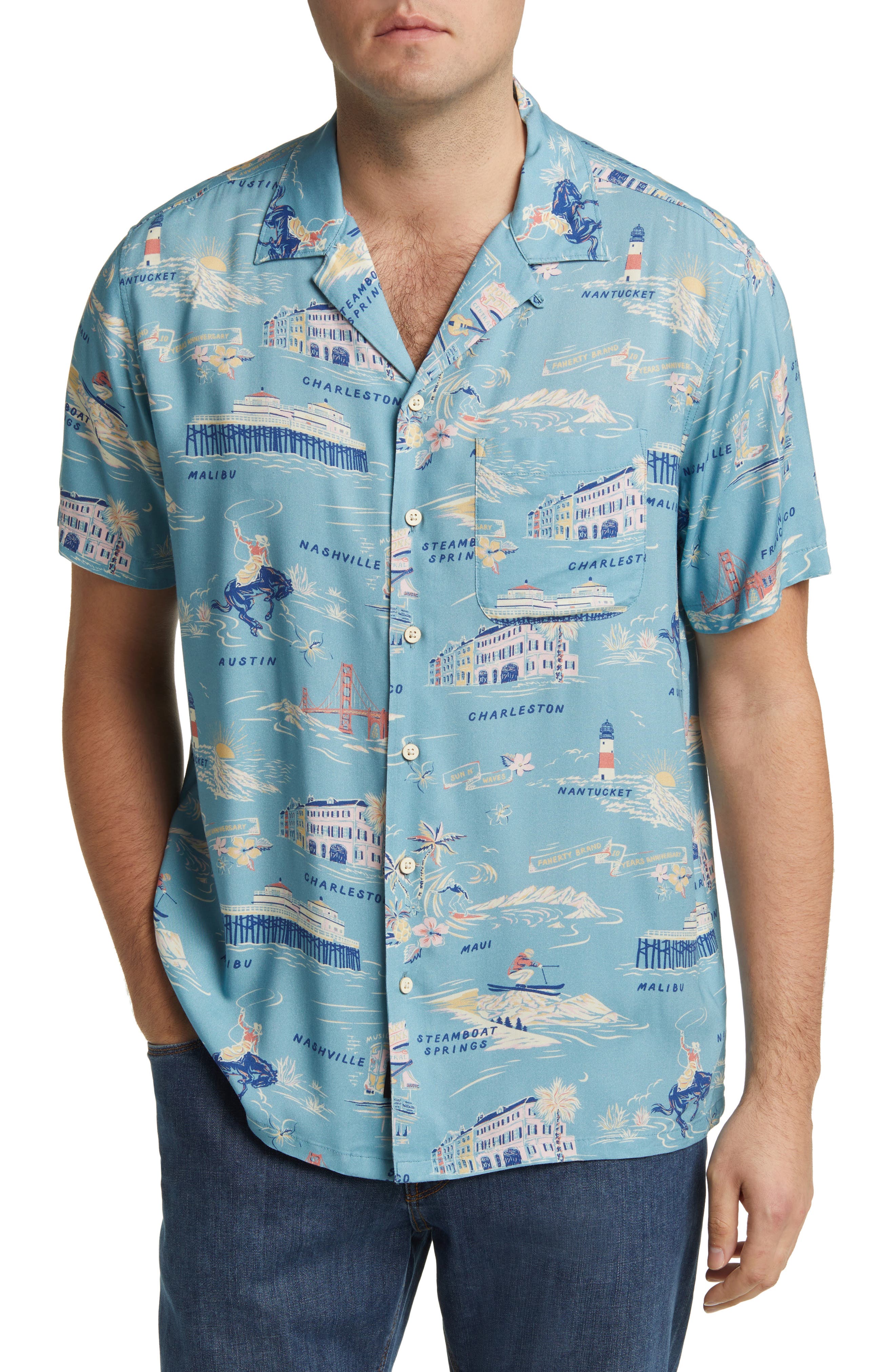 Faherty Kona Print Short Sleeve Terry Button-Up Shirt