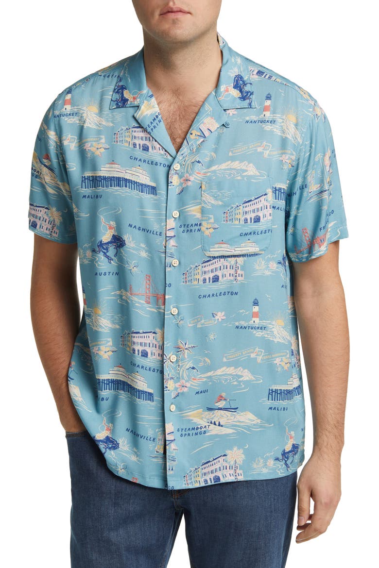 Kona Print Short Sleeve Terry Button-Up Shirt, Main, color, FAHERTY TOUR PRINT