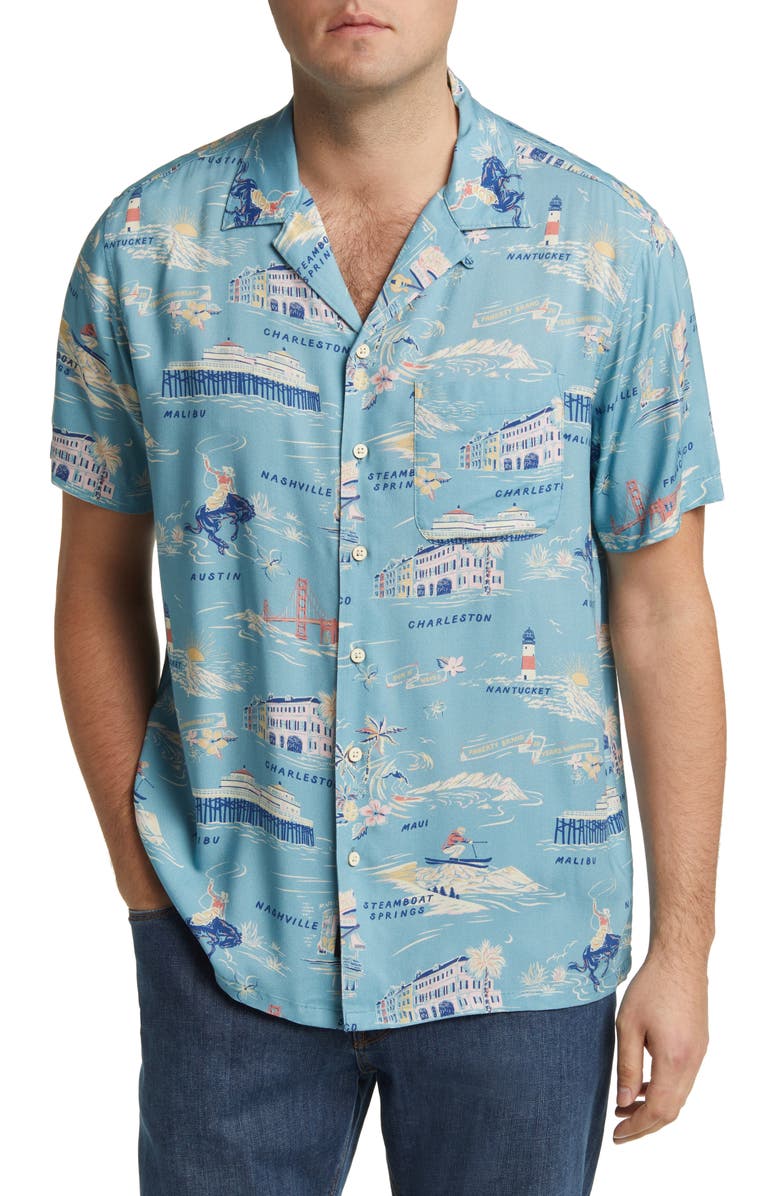 Faherty Kona Print Short Sleeve Terry Button-Up Shirt, Main, color, Faherty Tour Print